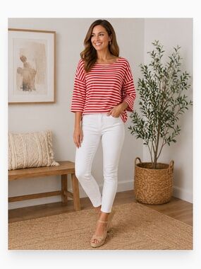 NWT On 34th Women’s Red & White Stripe Cropped Top Shirt Spring Summer Classic